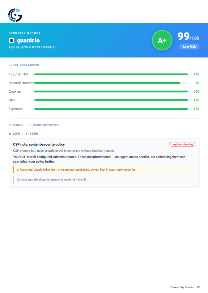 Branded PDF security report with agency logo top-left — A+ grade clean site example